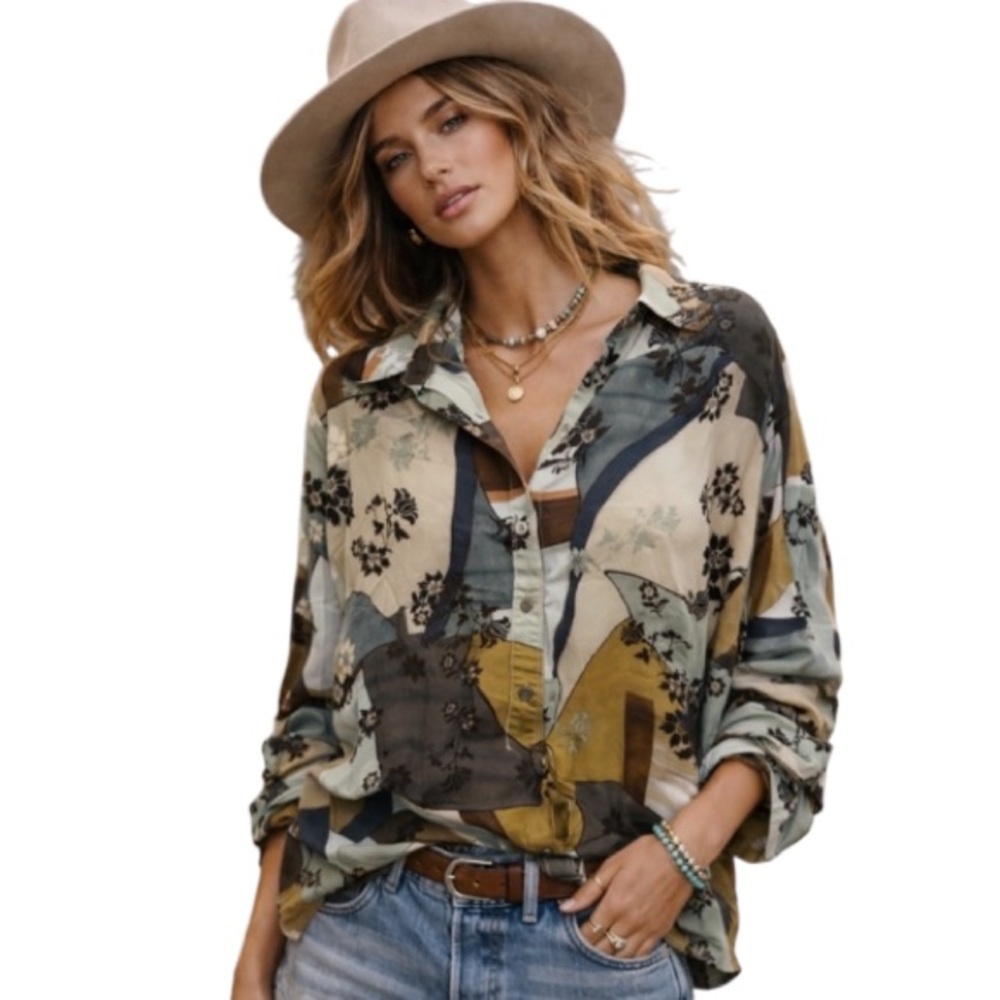 entro | Floral Patchwork High Low Button Up Blouse  🆕 NWT Oversized Sz Med/Lg